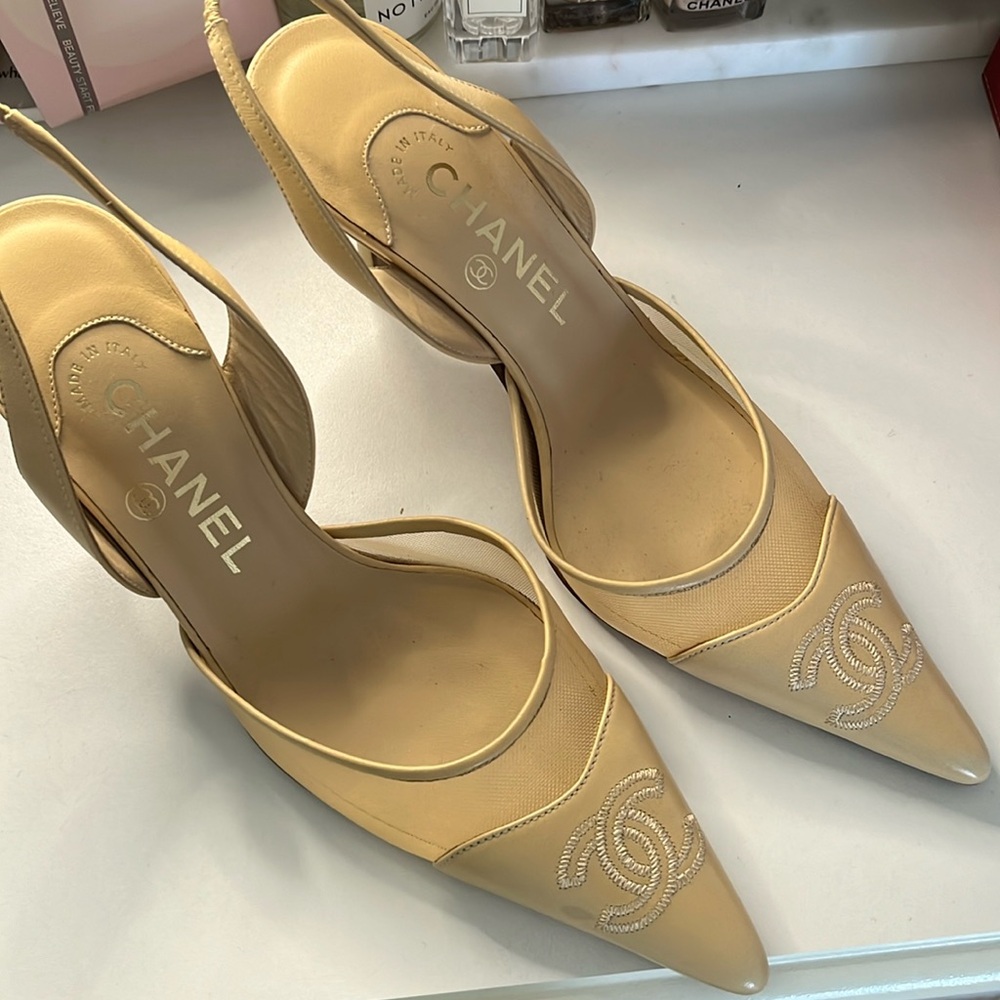 Chanel Beige Logo Pointed Toe Slingback